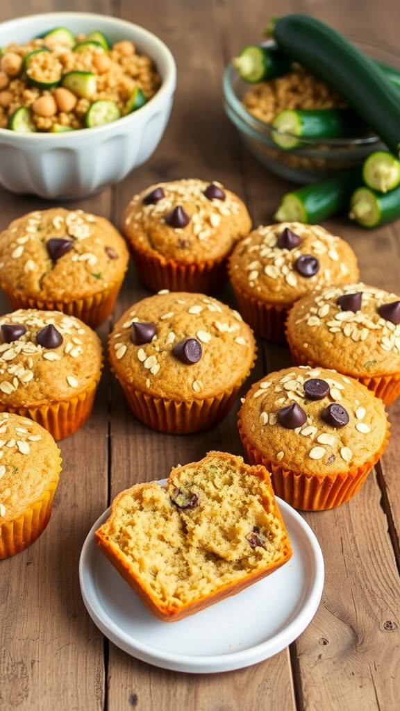 A batch of fluffy quinoa zucchini muffins with oats and chocolate chips on a rustic table.